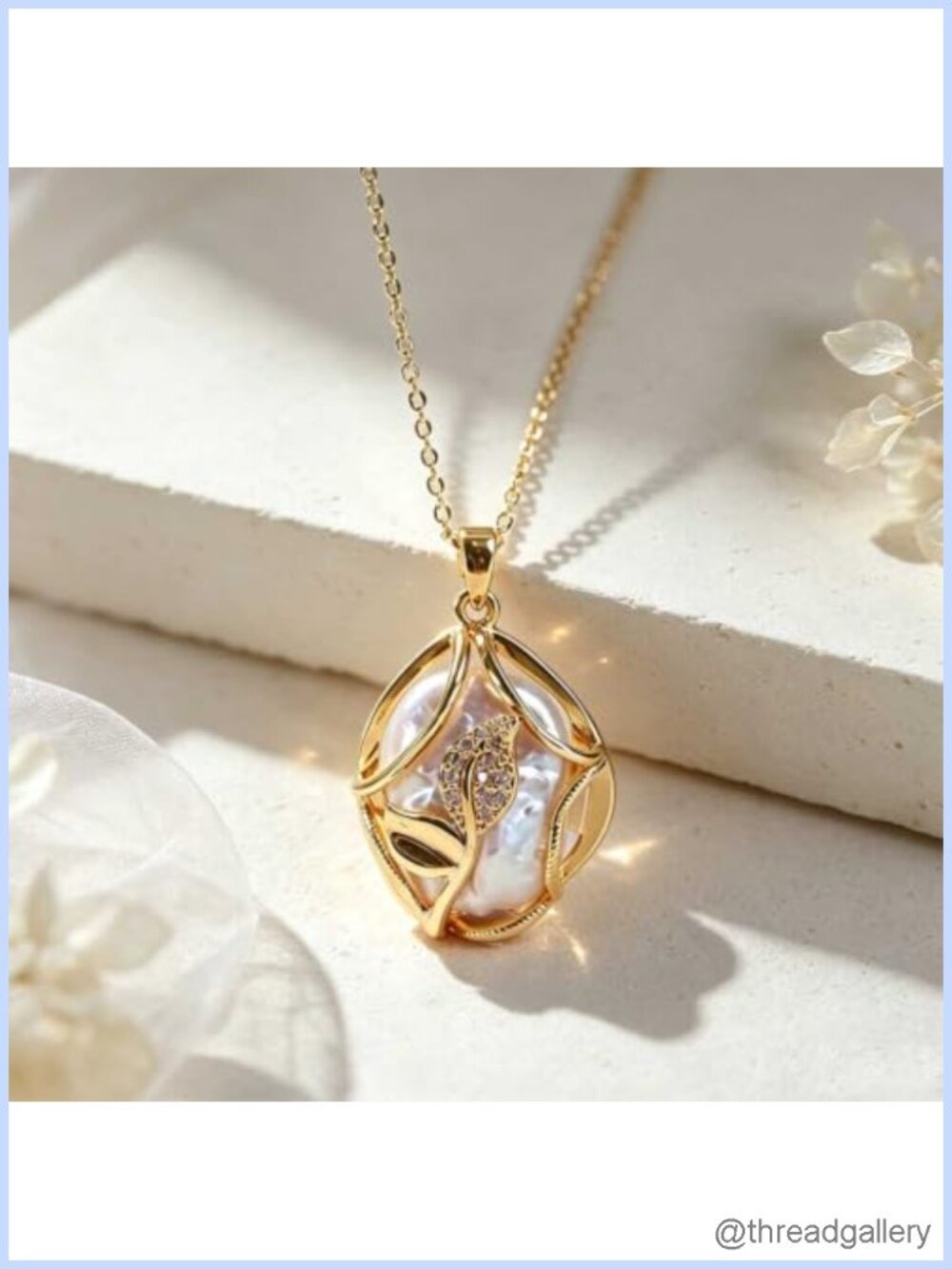 Baroque Freshwater Pearl Pendant Necklace 18K Gold Plated Leaf CZ Women's